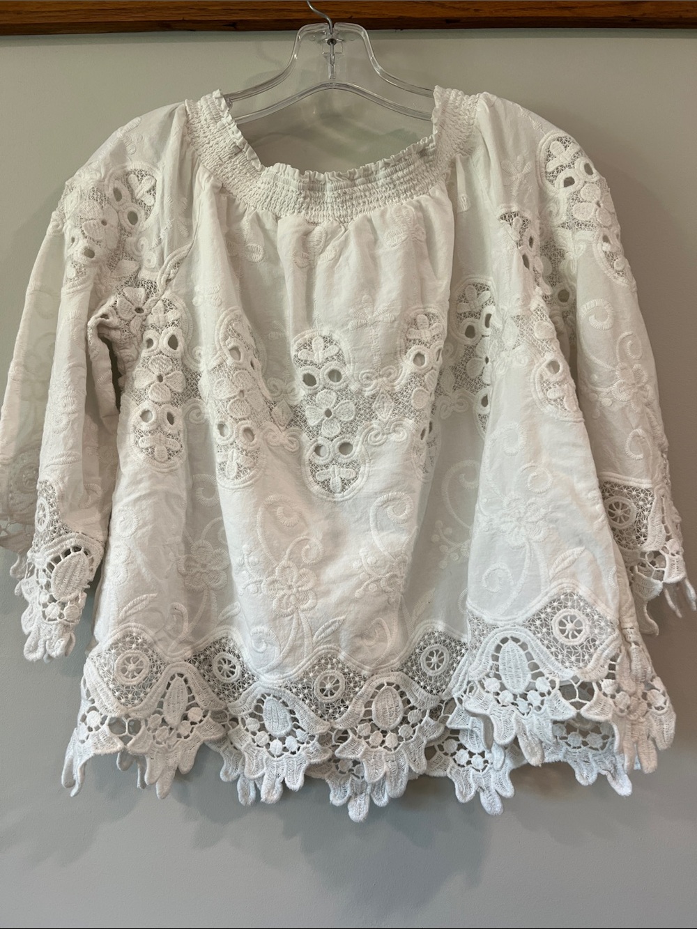 Chico's White Lace Crochet Peasant Blouse - off shoulder, 2 - Picture 2 of 6